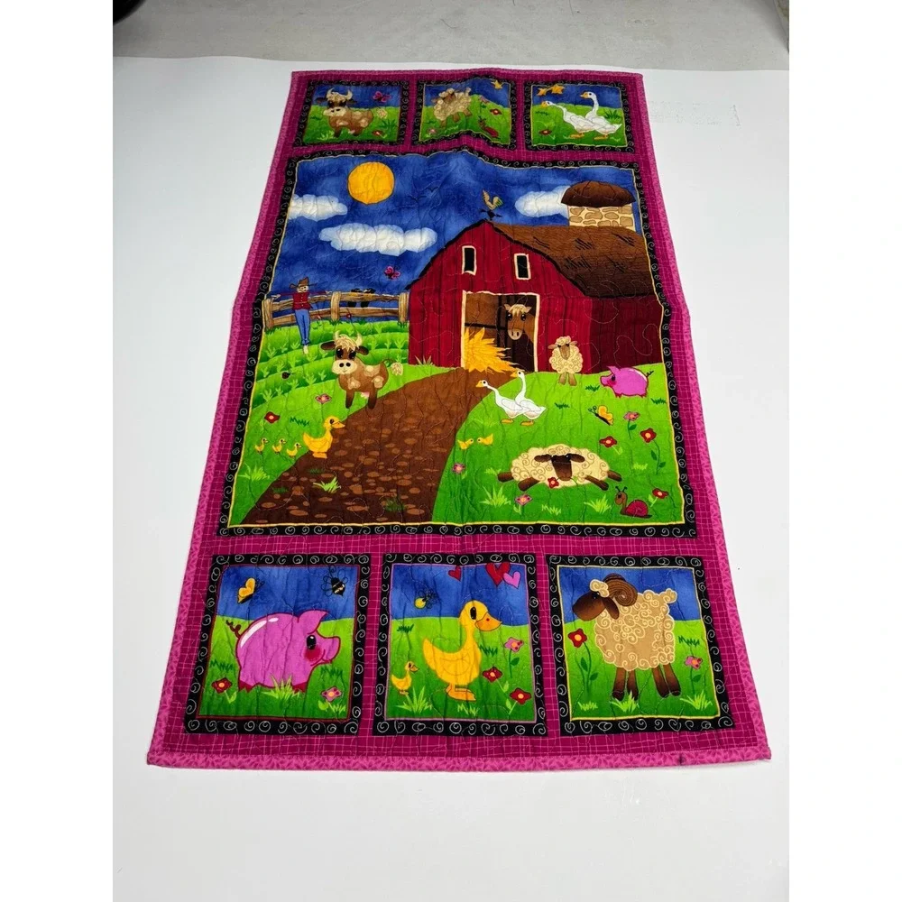 Vintage Handquilted Baby Quilt-Farm Animals~Cow Ducks Chicken Horse~39 x 21.5 In